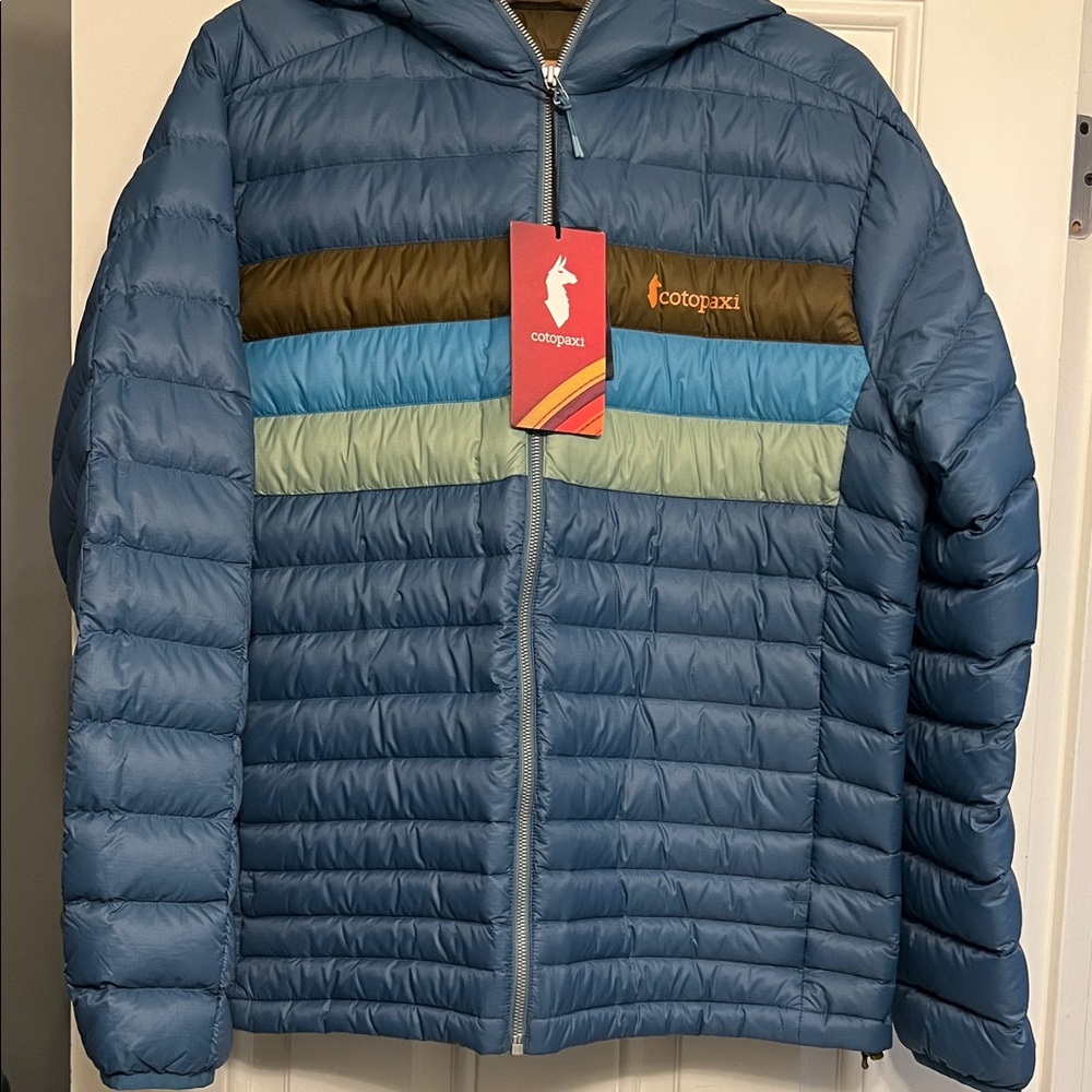 NWT Cotopaxi Men's Multicolor Fuego Down Hooded Puffer Jacket. Sz Large